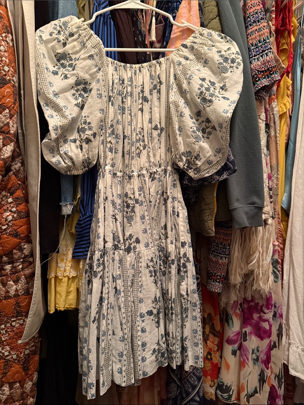 Floral Puff-Sleeve Tiered Midi Dress - Cream with Blue Print